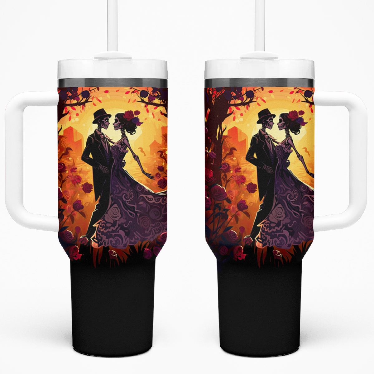 Day of Dead Couple Tumbler With Handle Sugar Skull Couple Dancing