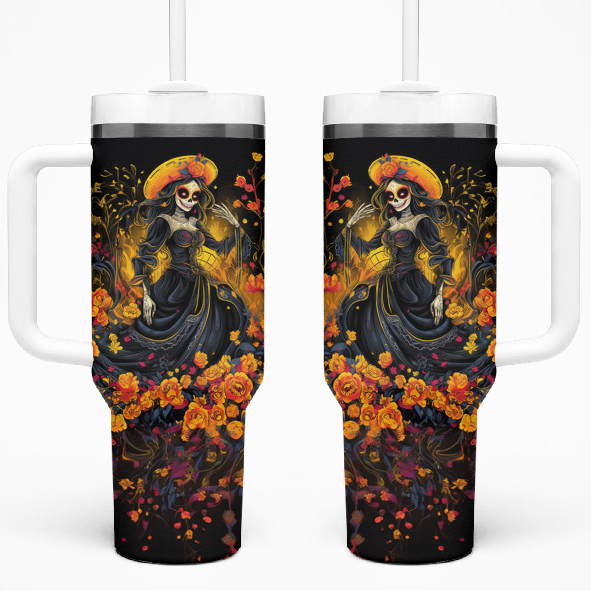 Day of Dead Lady Tumbler With Handle Sugar Skull Field Marigold Lady