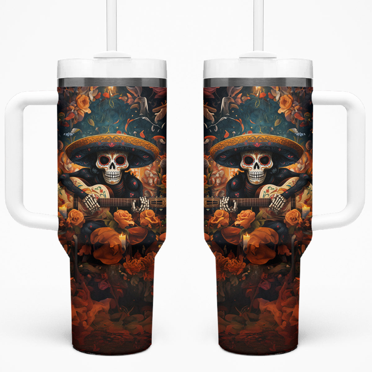 Day of Dead Skull Tumbler With Handle Sugar Skull Musican