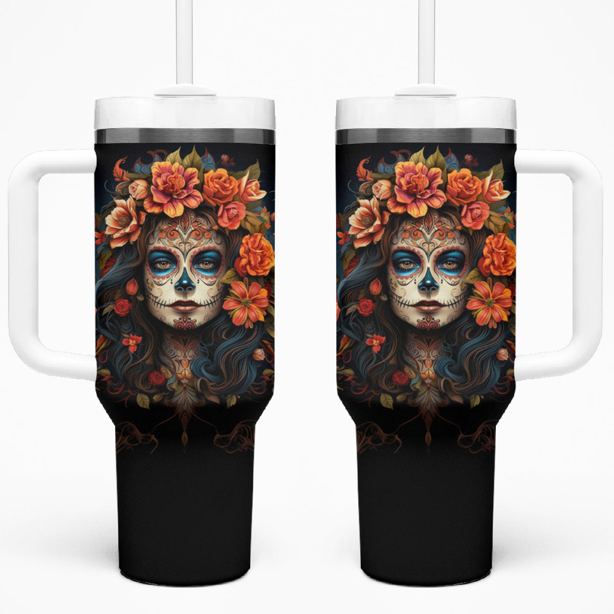 Day of Dead Lady Tumbler With Handle Sugar Skull Rose Lady