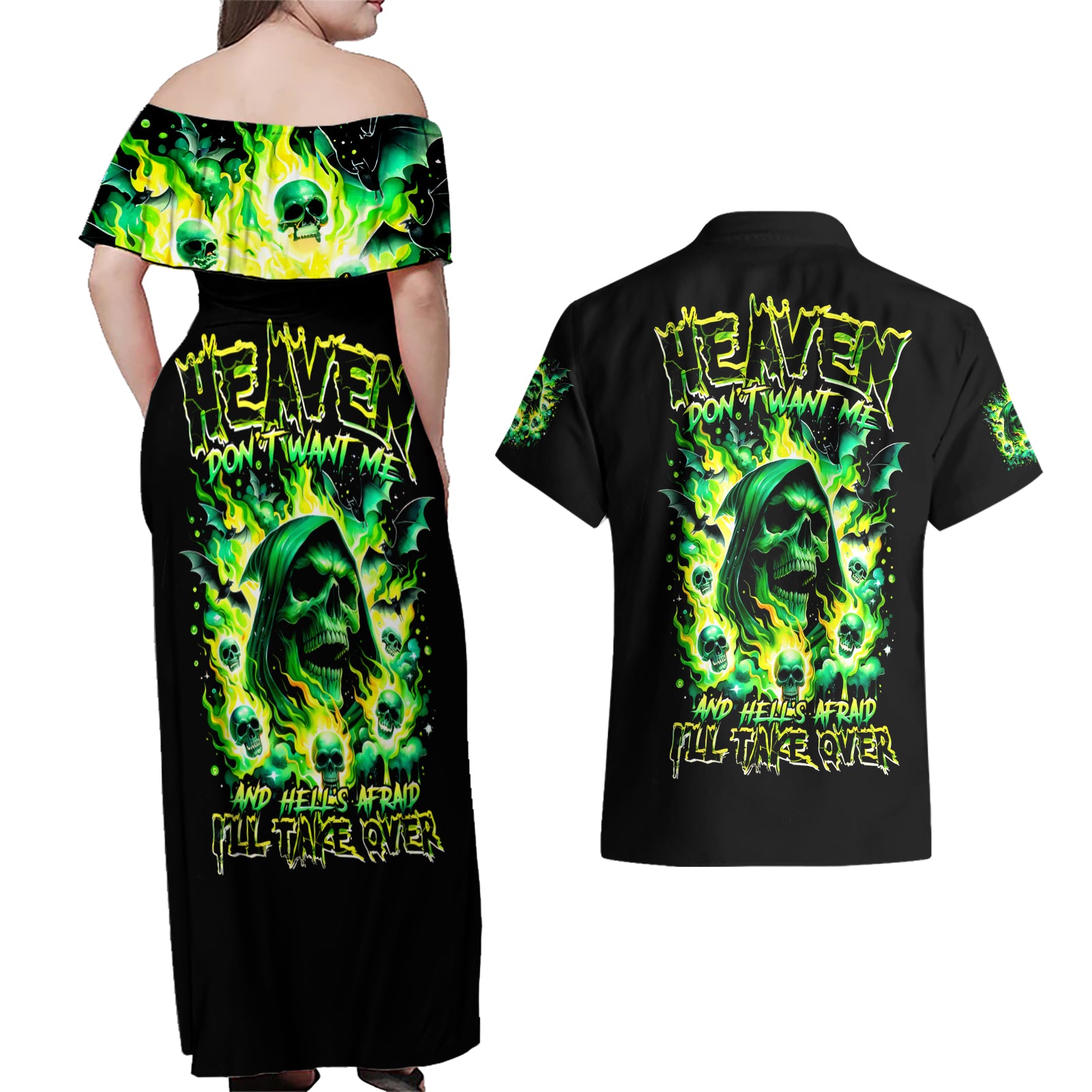 Flame Skull Couples Matching Off Shoulder Maxi Dress and Hawaiian Shirt Heaven Don't Want Me Hell Afraid I Take Over DT01