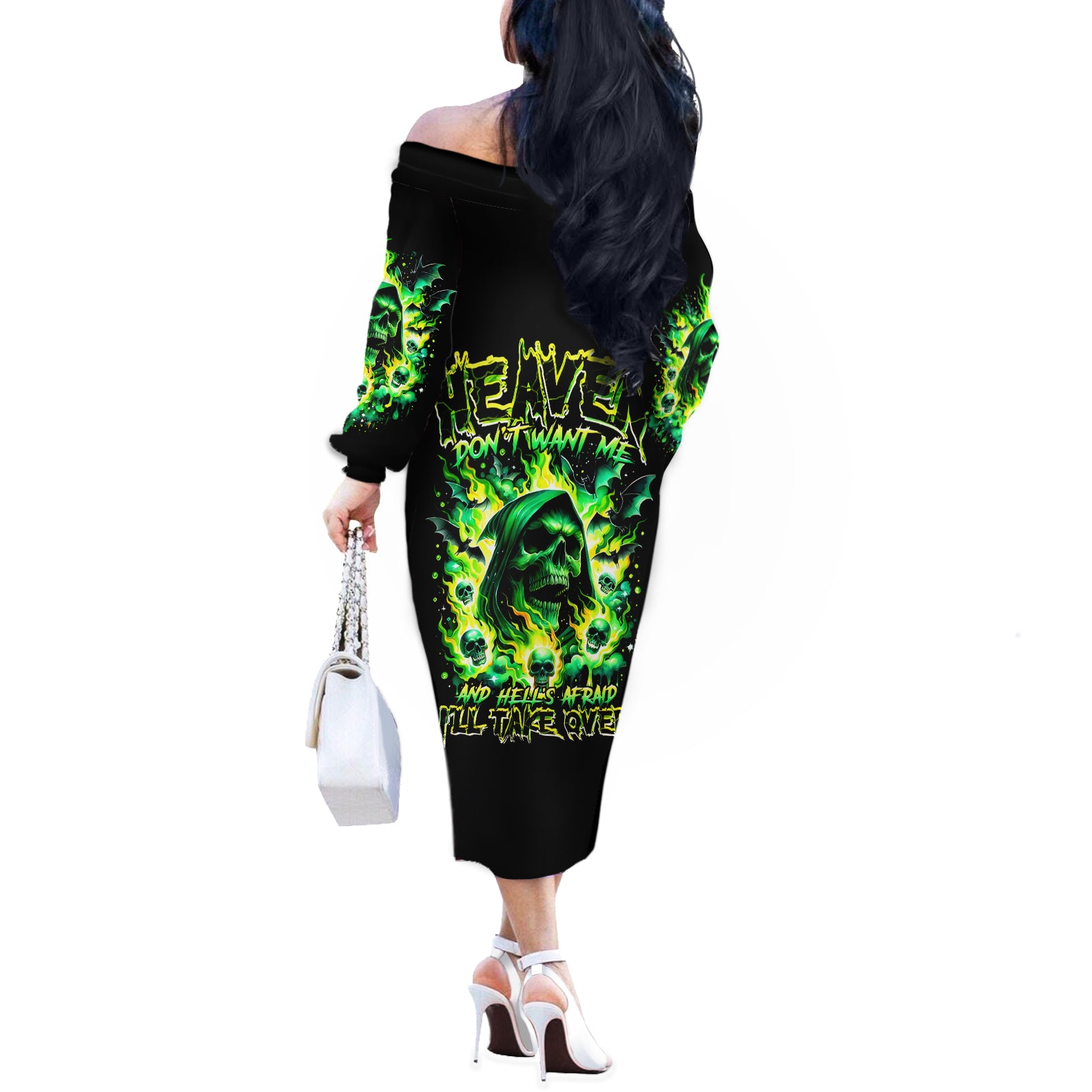 Flame Skull Off The Shoulder Long Sleeve Dress Heaven Don't Want Me Hell Afraid I Take Over DT01