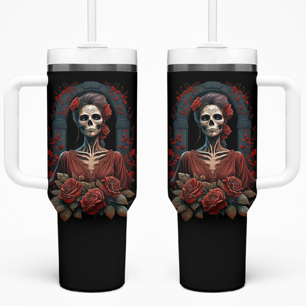 Day of Dead Lady Tumbler With Handle Sugar Skull Rose Lady