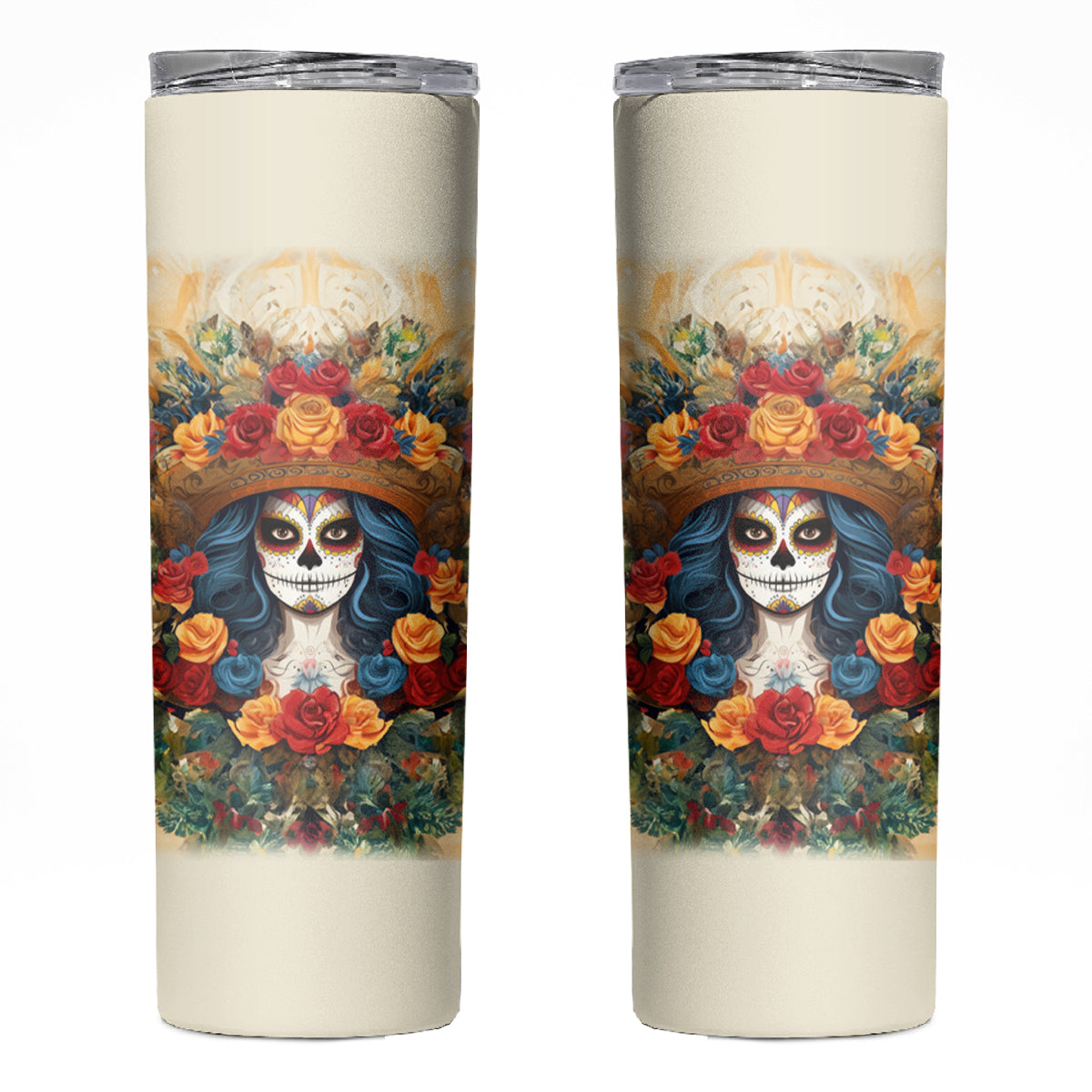 Day of Dead Lady Skinny Tumbler Sugar Skull Field Rose Lady