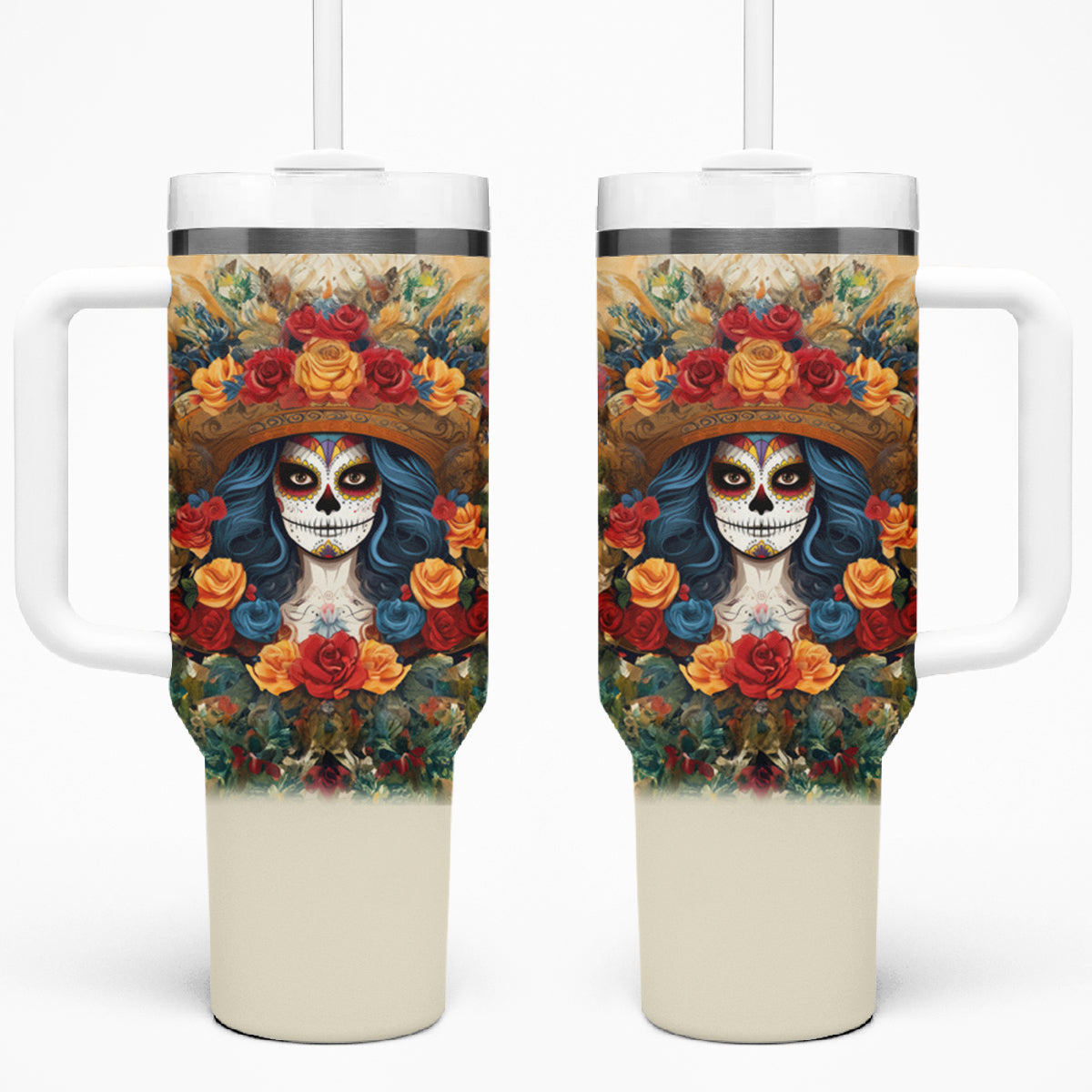 Day of Dead Lady Tumbler With Handle Sugar Skull Field Rose Lady