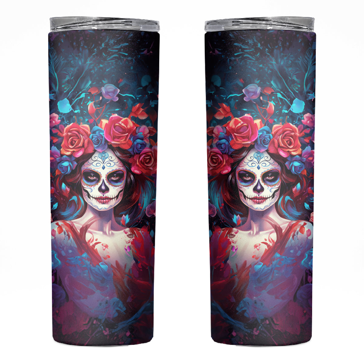 Day of Dead Lady Skinny Tumbler Sugar Skull Field Rose Lady