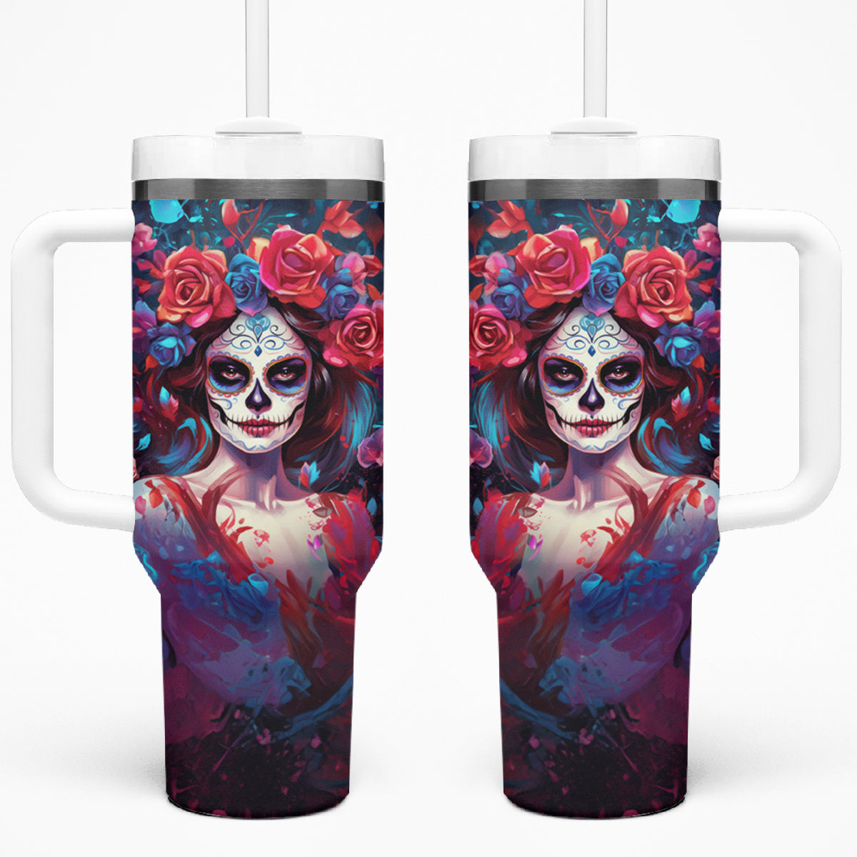 Day of Dead Lady Tumbler With Handle Sugar Skull Field Rose Lady