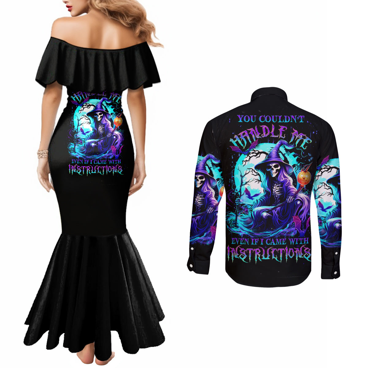 witch-skull-couples-matching-mermaid-dress-and-long-sleeve-button-shirts-you-couldnt-handle-me-even-with-intrustions