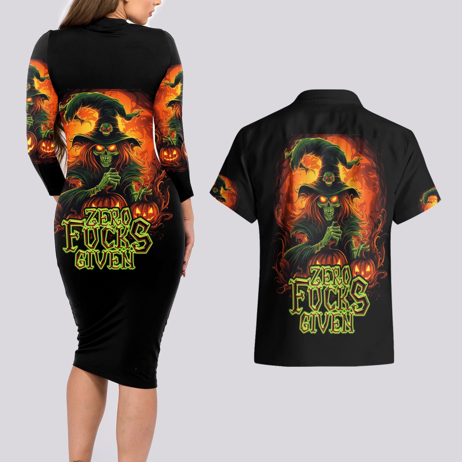 witch-skull-couples-matching-long-sleeve-bodycon-dress-and-hawaiian-shirt-zero-fucking-given