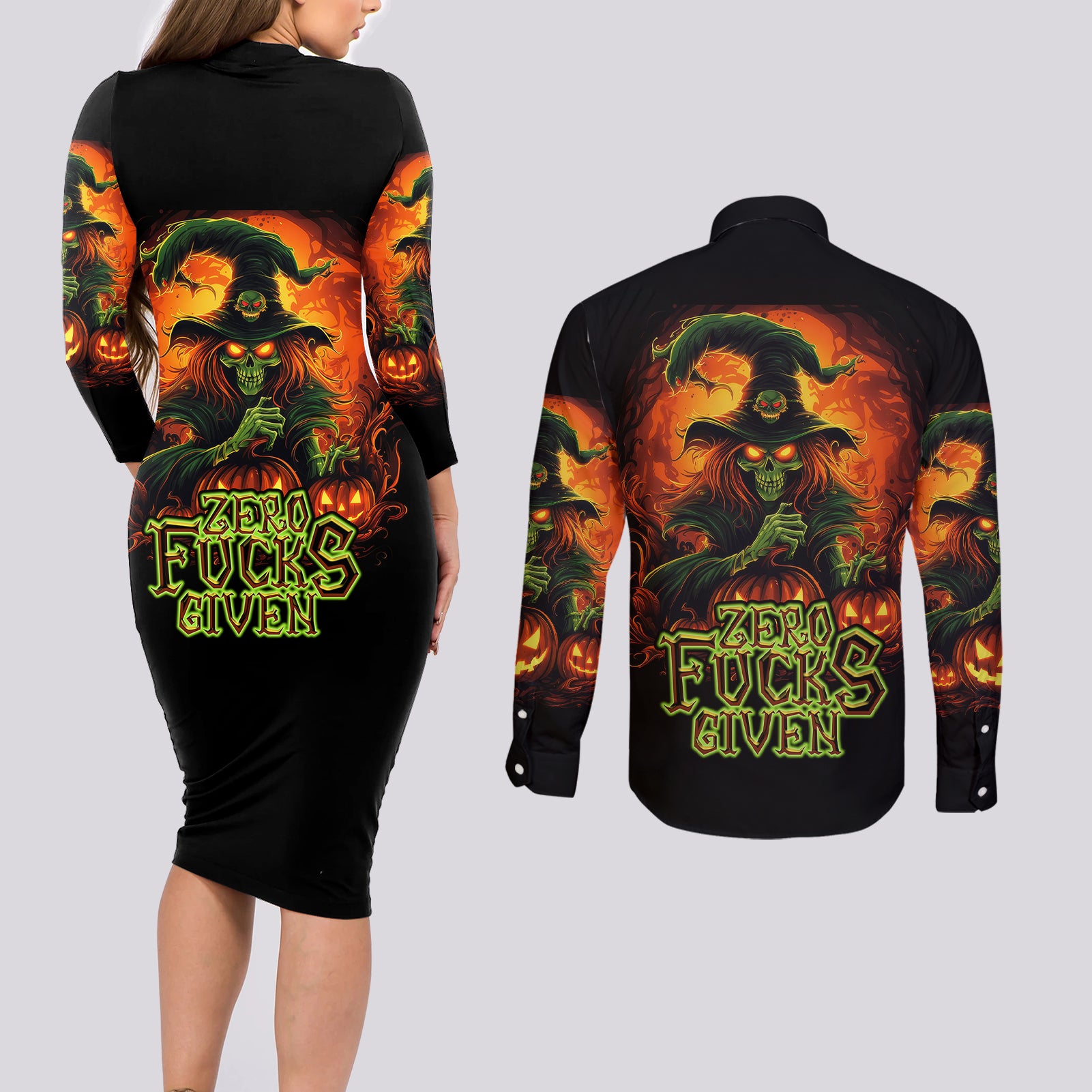 witch-skull-couples-matching-long-sleeve-bodycon-dress-and-long-sleeve-button-shirts-zero-fucking-given