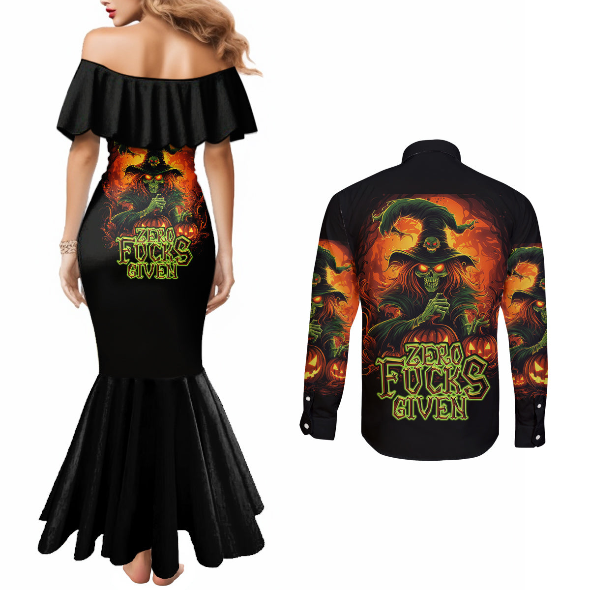 witch-skull-couples-matching-mermaid-dress-and-long-sleeve-button-shirts-zero-fucking-given