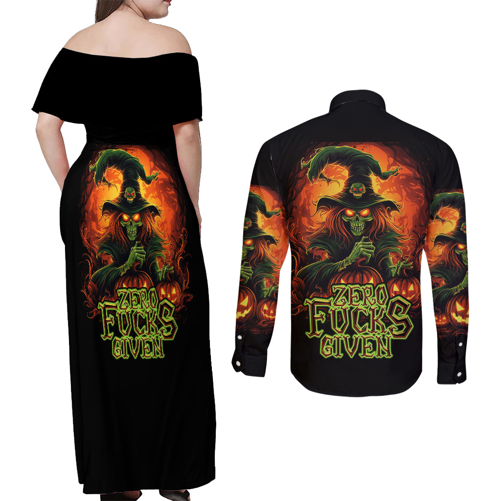 witch-skull-couples-matching-off-shoulder-maxi-dress-and-long-sleeve-button-shirts-zero-fucking-given