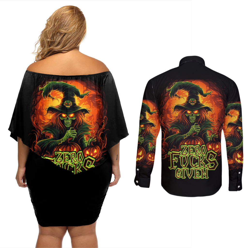 witch-skull-couples-matching-off-shoulder-short-dress-and-long-sleeve-button-shirts-zero-fucking-given