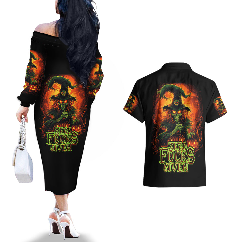 witch-skull-couples-matching-off-the-shoulder-long-sleeve-dress-and-hawaiian-shirt-zero-fucking-given