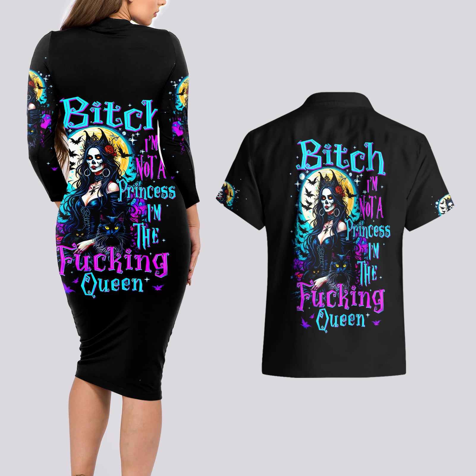 witch-skull-couples-matching-long-sleeve-bodycon-dress-and-hawaiian-shirt-bitch-im-not-a-princess-im-the-fucking-queen