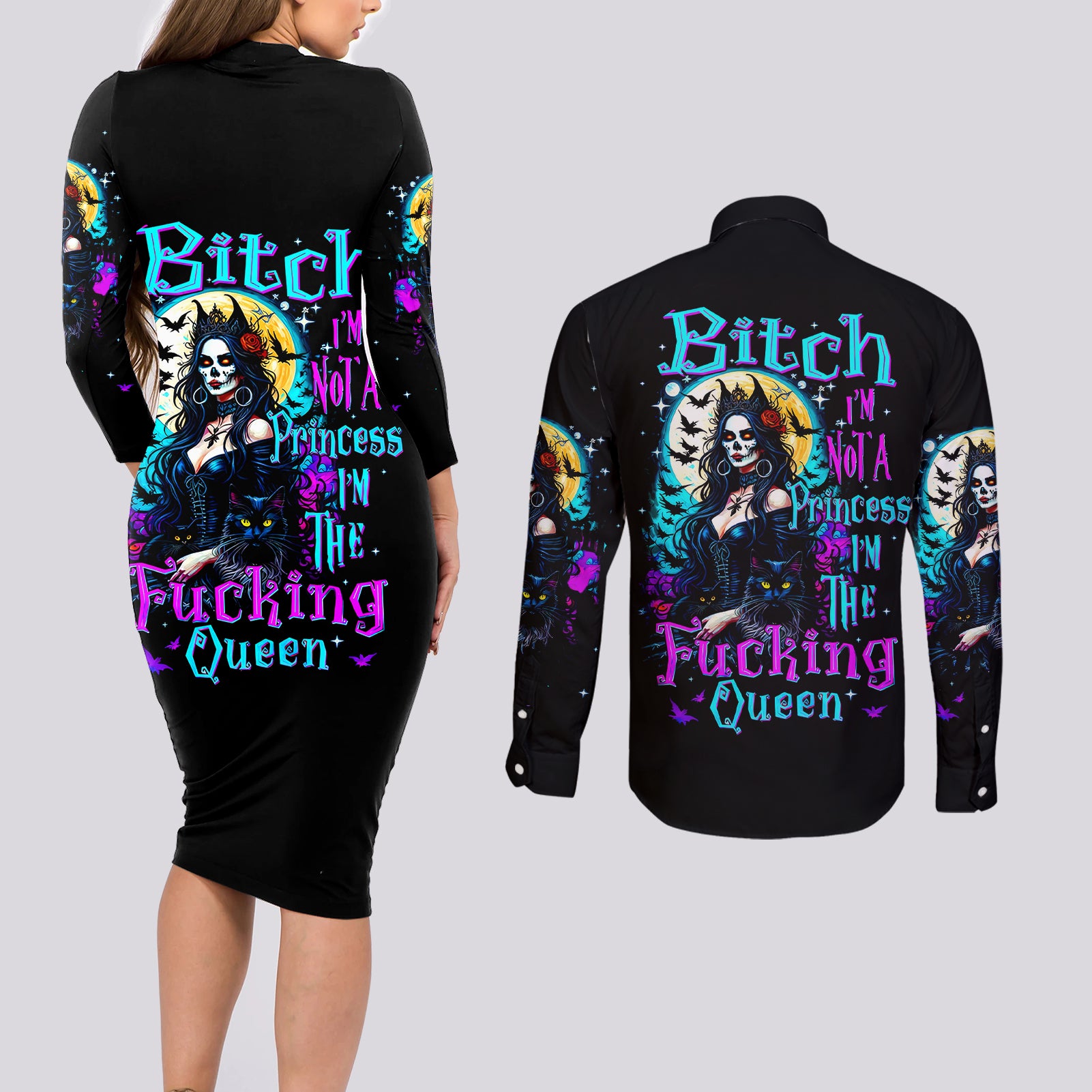 witch-skull-couples-matching-long-sleeve-bodycon-dress-and-long-sleeve-button-shirts-bitch-im-not-a-princess-im-the-fucking-queen