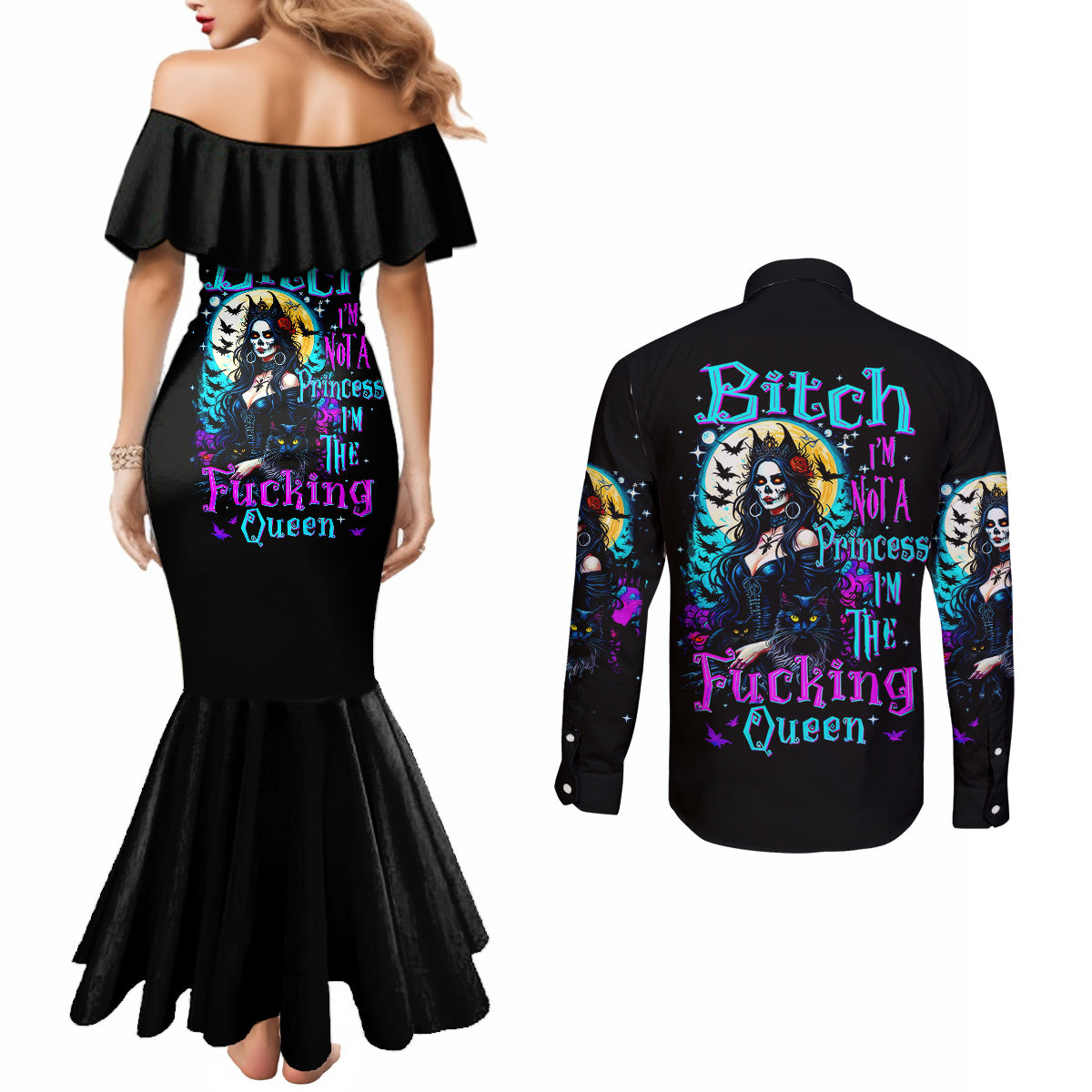 witch-skull-couples-matching-mermaid-dress-and-long-sleeve-button-shirts-bitch-im-not-a-princess-im-the-fucking-queen