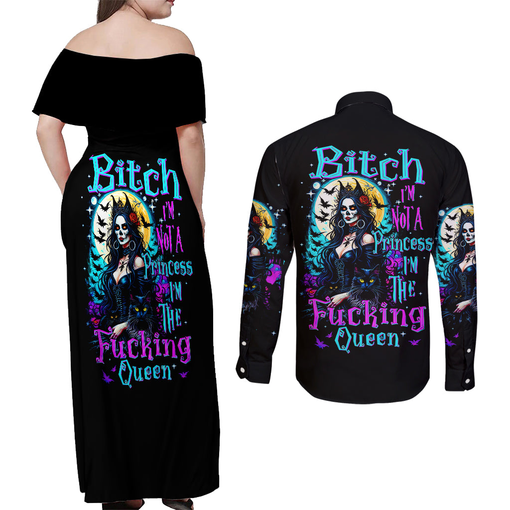 witch-skull-couples-matching-off-shoulder-maxi-dress-and-long-sleeve-button-shirts-bitch-im-not-a-princess-im-the-fucking-queen