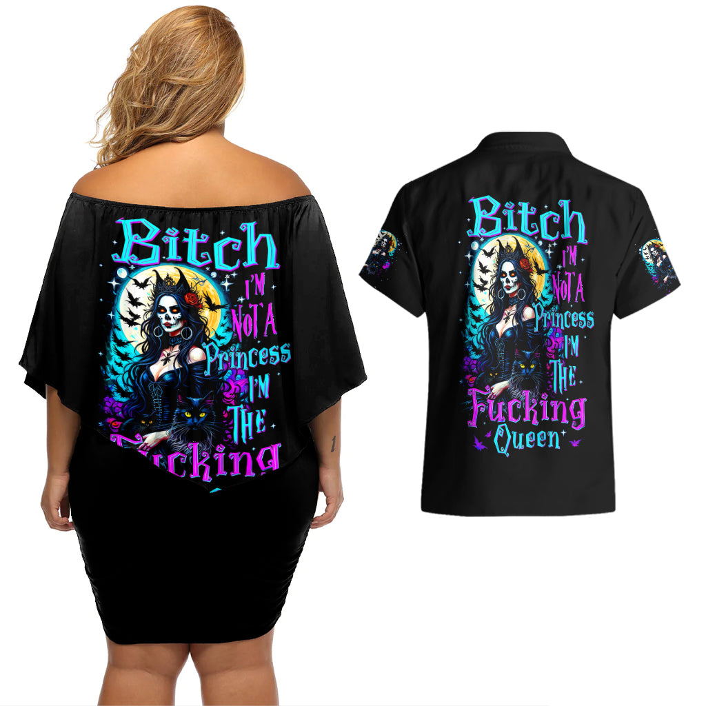 witch-skull-couples-matching-off-shoulder-short-dress-and-hawaiian-shirt-bitch-im-not-a-princess-im-the-fucking-queen