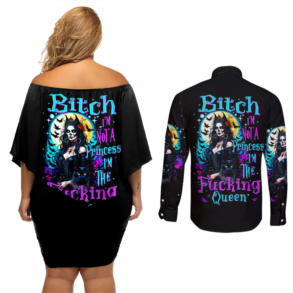 witch-skull-couples-matching-off-shoulder-short-dress-and-long-sleeve-button-shirts-bitch-im-not-a-princess-im-the-fucking-queen