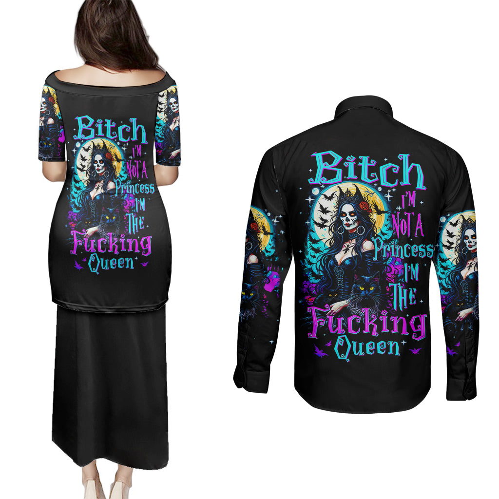 witch-skull-couples-matching-puletasi-dress-and-long-sleeve-button-shirts-bitch-im-not-a-princess-im-the-fucking-queen