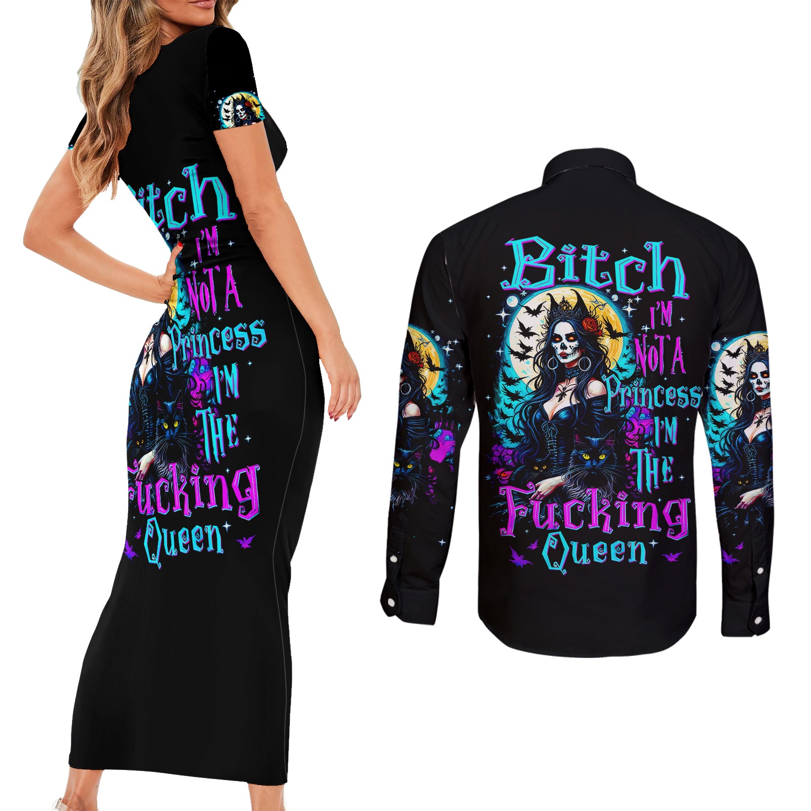 witch-skull-couples-matching-short-sleeve-bodycon-dress-and-long-sleeve-button-shirts-bitch-im-not-a-princess-im-the-fucking-queen