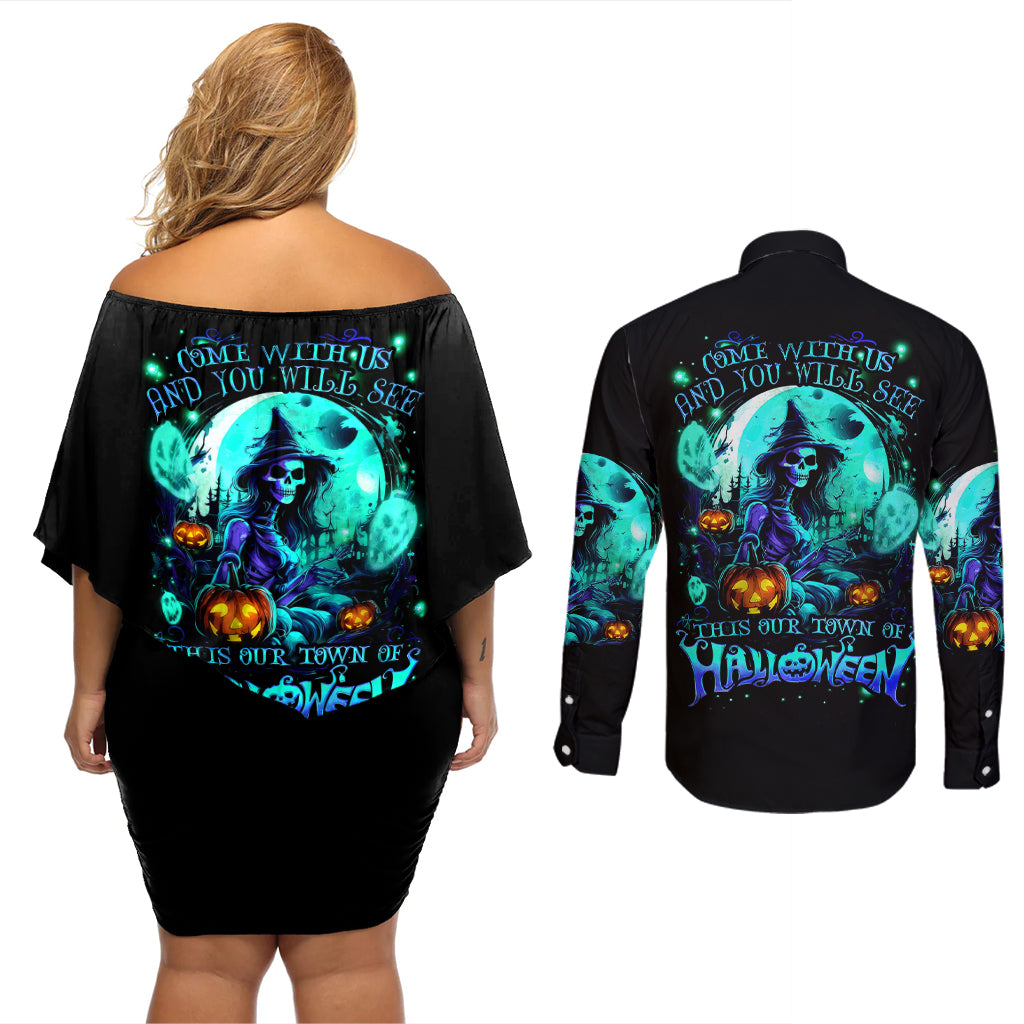 witch-skull-couples-matching-off-shoulder-short-dress-and-long-sleeve-button-shirts-come-with-us-and-you-will-see-our-halloween