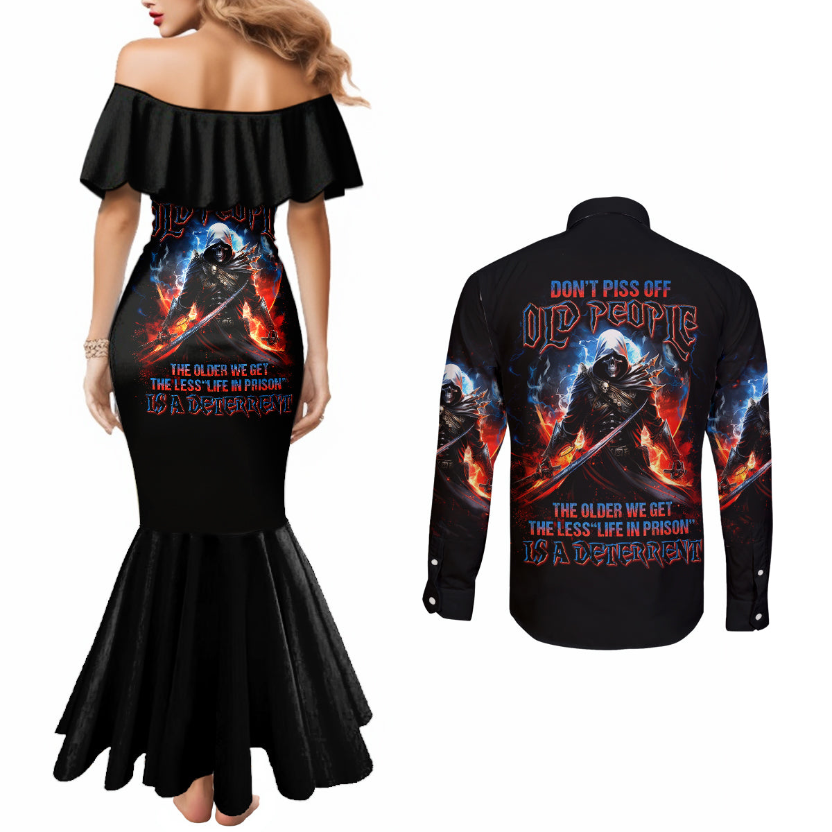 warrior-skull-couples-matching-mermaid-dress-and-long-sleeve-button-shirts-dont-piss-off-old-people