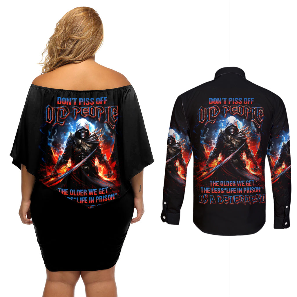 warrior-skull-couples-matching-off-shoulder-short-dress-and-long-sleeve-button-shirts-dont-piss-off-old-people