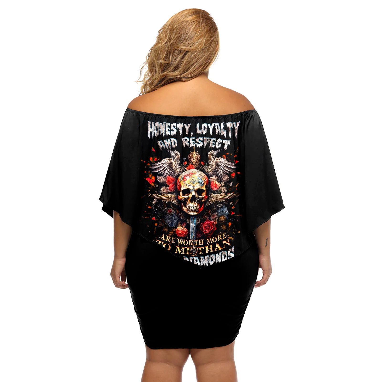 cross-skull-off-shoulder-short-dress-honesty-loyalty-and-respect-worth-more-than-gold-diamond