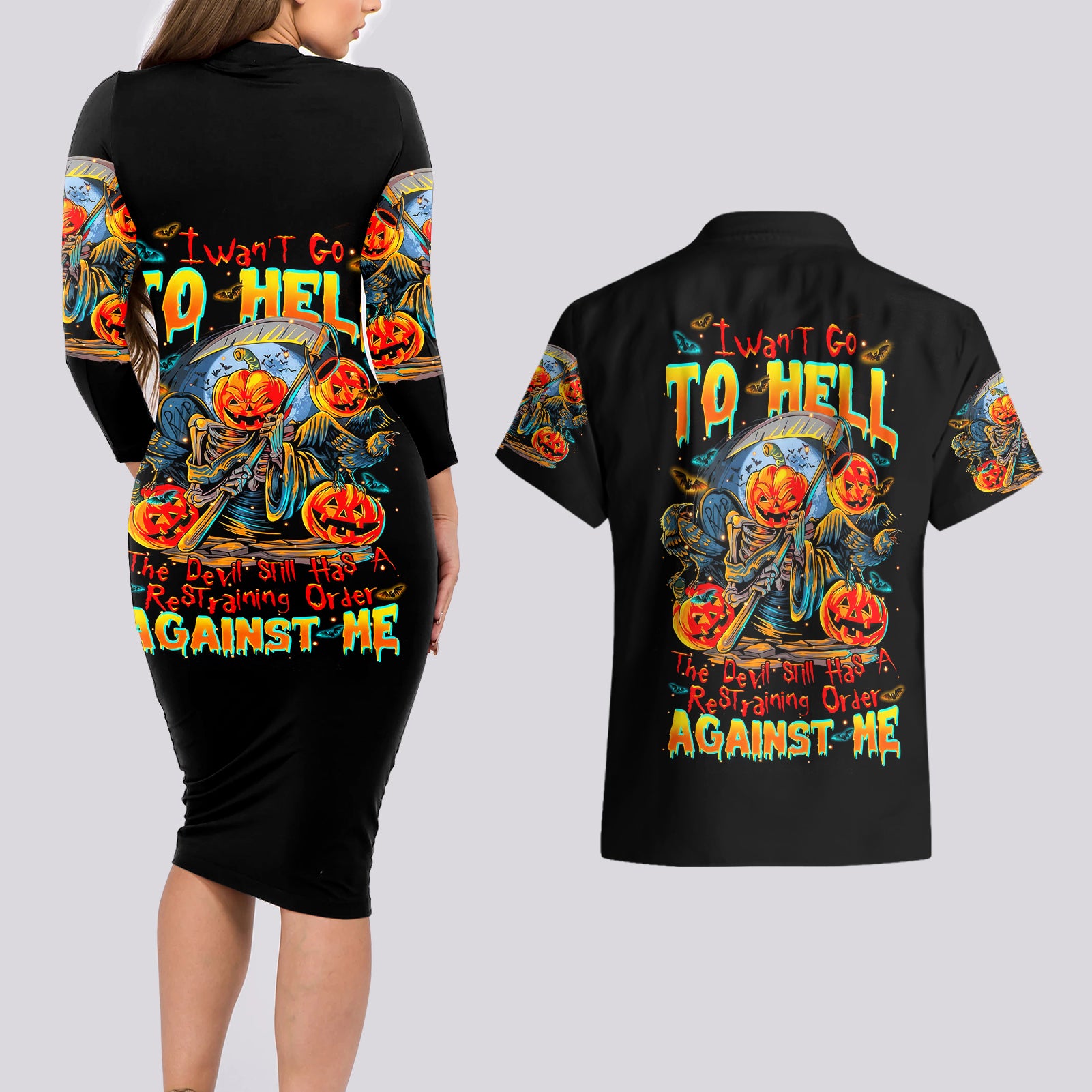 pumpkin-skull-couples-matching-long-sleeve-bodycon-dress-and-hawaiian-shirt-i-want-go-to-hell-the-devil-still-restraining-against-me