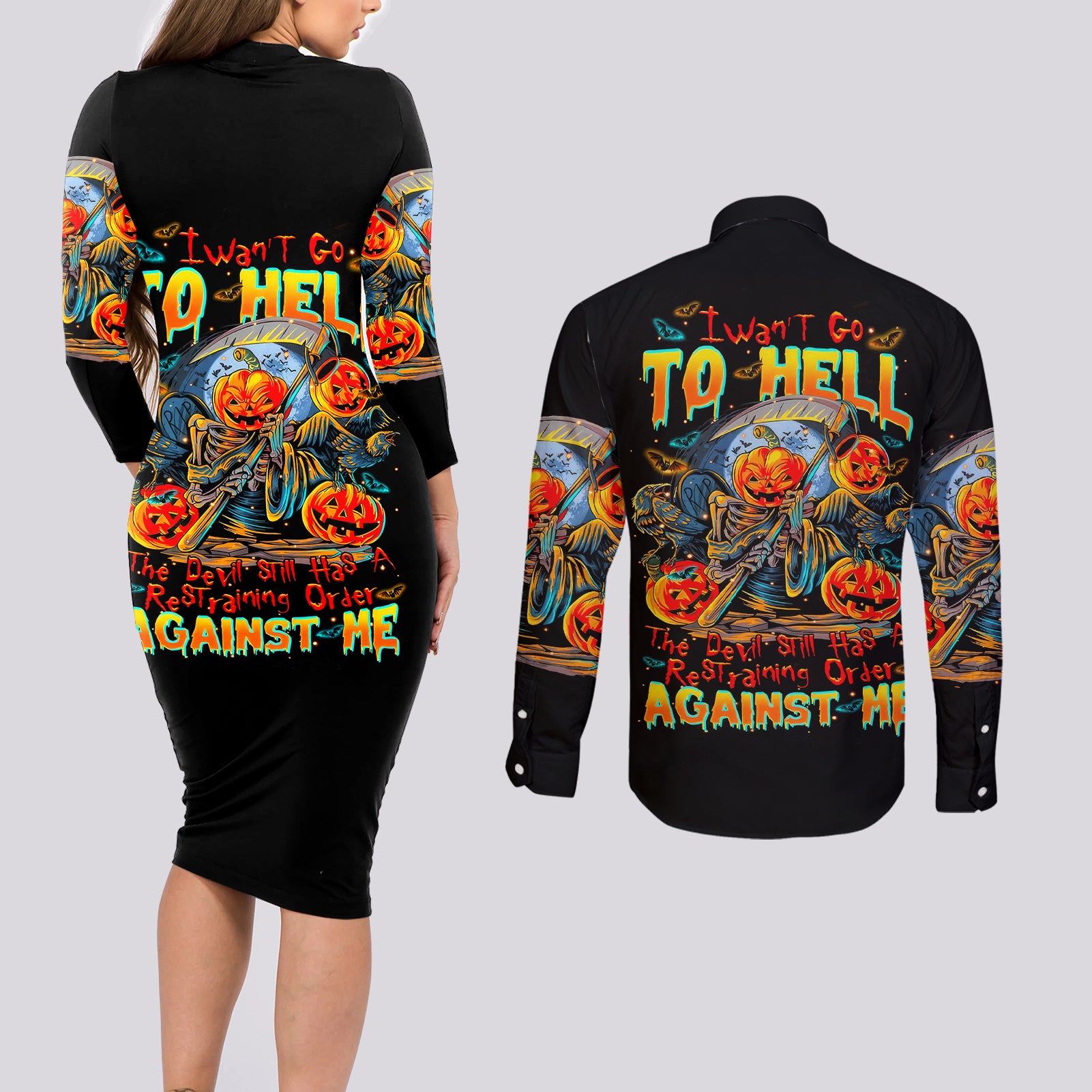 pumpkin-skull-couples-matching-long-sleeve-bodycon-dress-and-long-sleeve-button-shirts-i-want-go-to-hell-the-devil-still-restraining-against-me