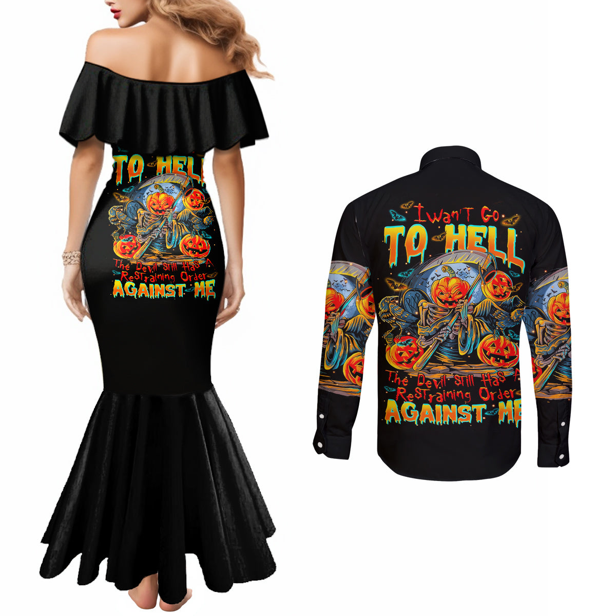 pumpkin-skull-couples-matching-mermaid-dress-and-long-sleeve-button-shirts-i-want-go-to-hell-the-devil-still-restraining-against-me