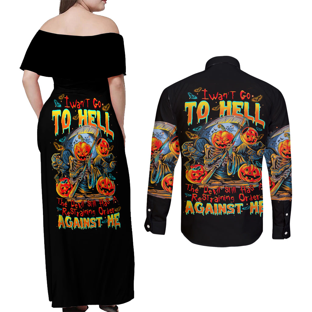 pumpkin-skull-couples-matching-off-shoulder-maxi-dress-and-long-sleeve-button-shirts-i-want-go-to-hell-the-devil-still-restraining-against-me