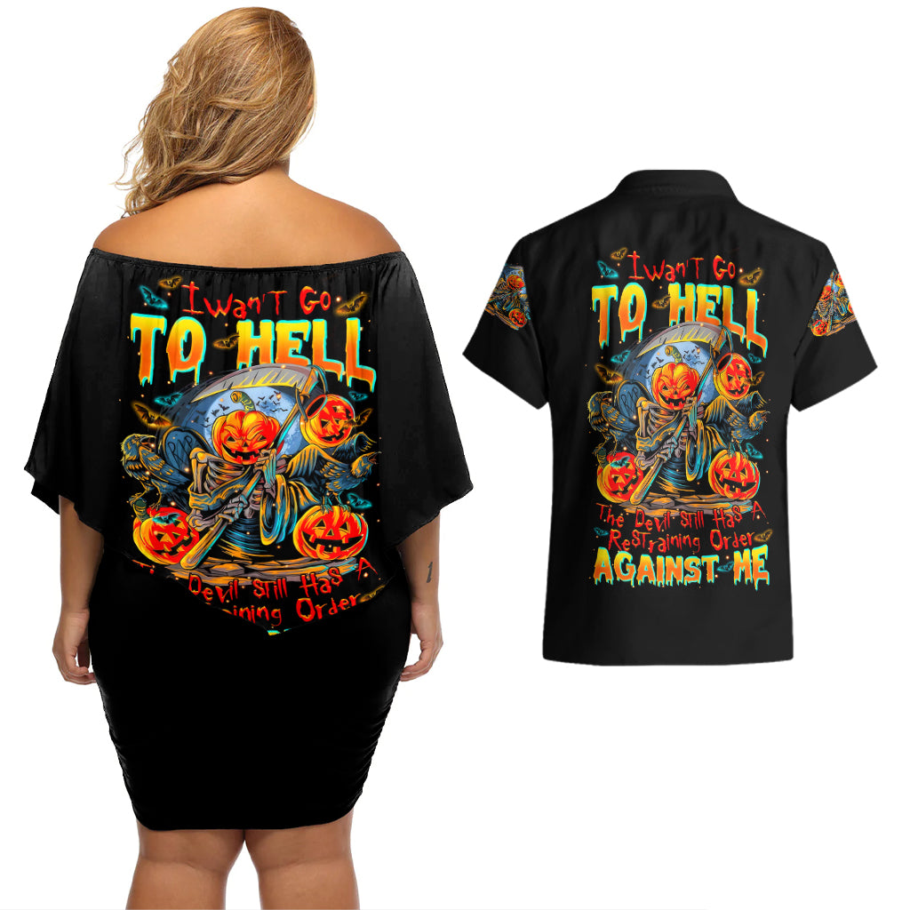 pumpkin-skull-couples-matching-off-shoulder-short-dress-and-hawaiian-shirt-i-want-go-to-hell-the-devil-still-restraining-against-me