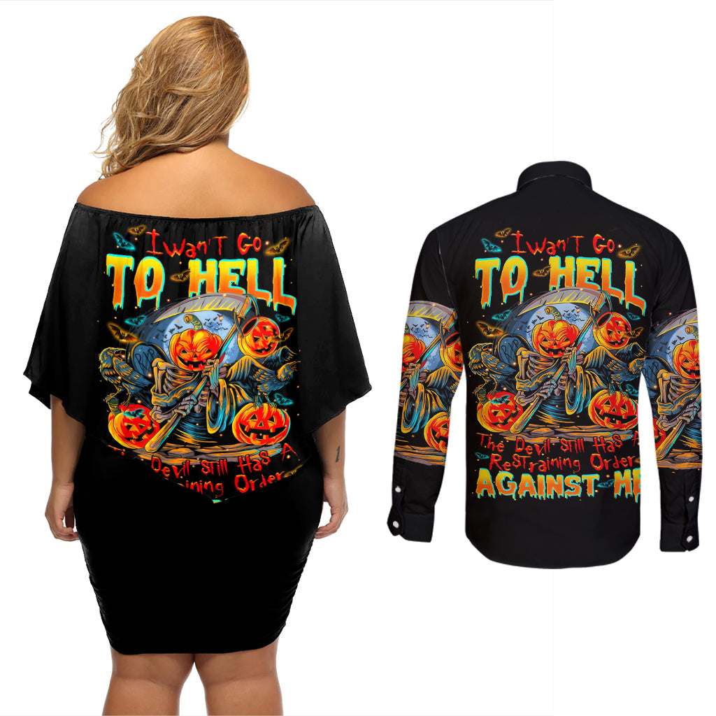 pumpkin-skull-couples-matching-off-shoulder-short-dress-and-long-sleeve-button-shirts-i-want-go-to-hell-the-devil-still-restraining-against-me