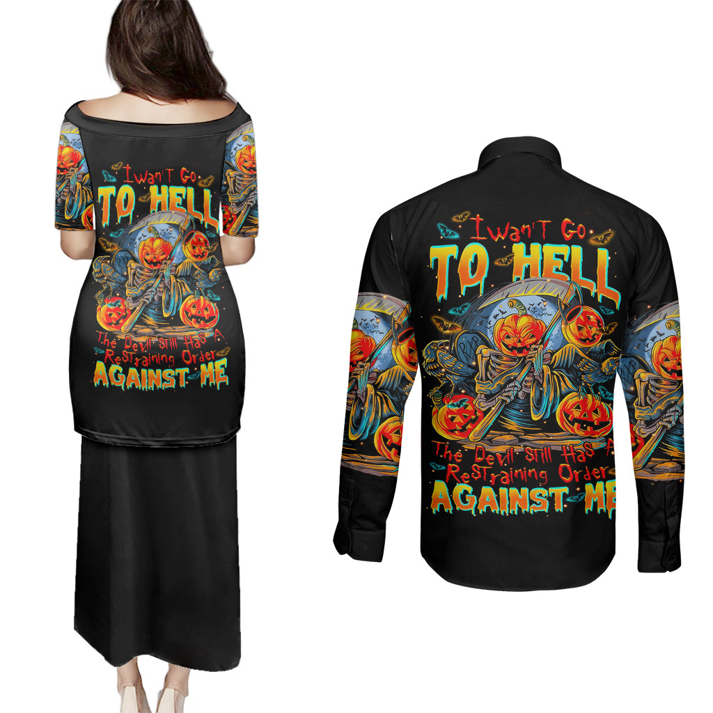 pumpkin-skull-couples-matching-puletasi-dress-and-long-sleeve-button-shirts-i-want-go-to-hell-the-devil-still-restraining-against-me