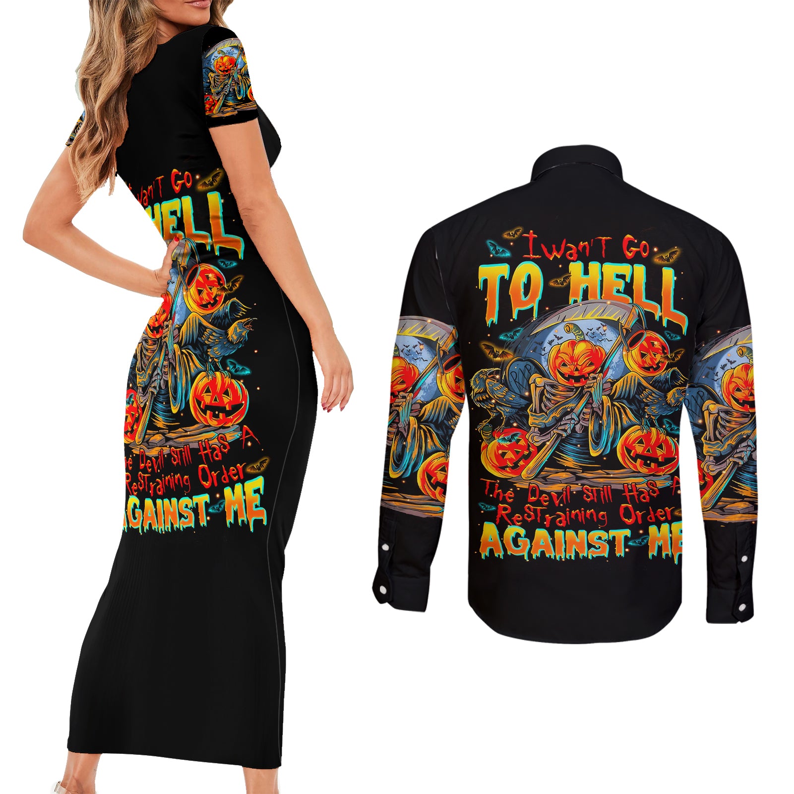 pumpkin-skull-couples-matching-short-sleeve-bodycon-dress-and-long-sleeve-button-shirts-i-want-go-to-hell-the-devil-still-restraining-against-me