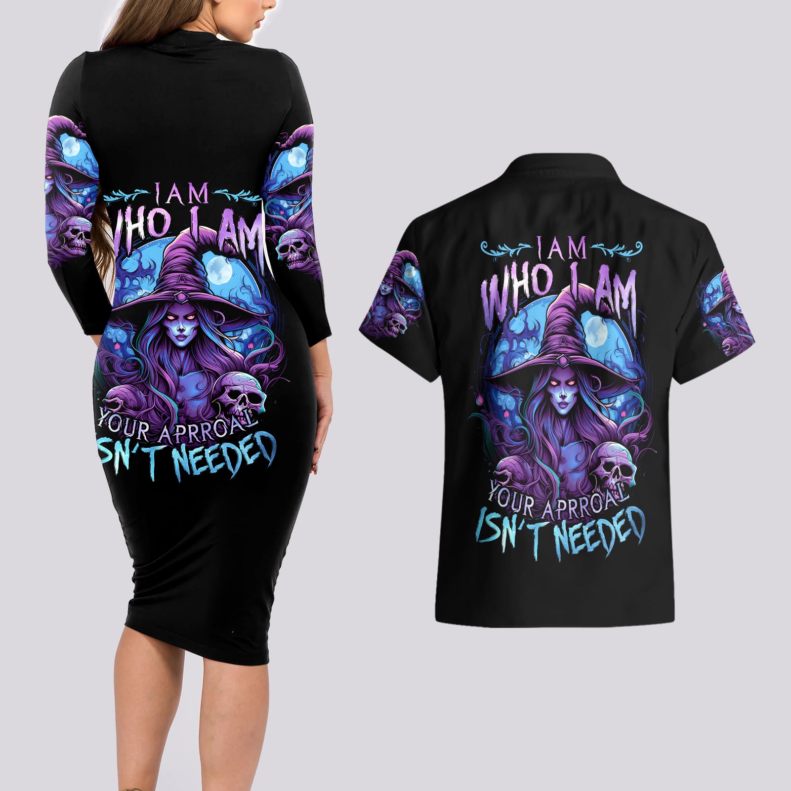 witch-skull-couples-matching-long-sleeve-bodycon-dress-and-hawaiian-shirt-iam-who-iam-your-approval-isnt-need