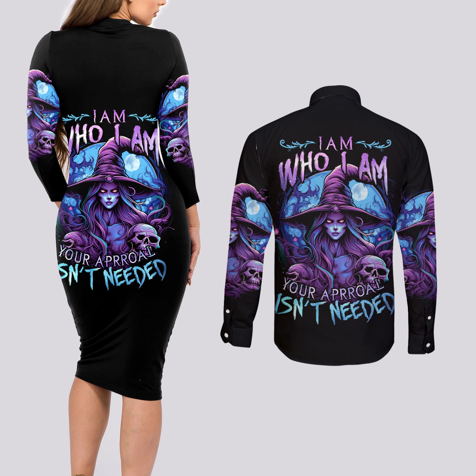 witch-skull-couples-matching-long-sleeve-bodycon-dress-and-long-sleeve-button-shirts-iam-who-iam-your-approval-isnt-need