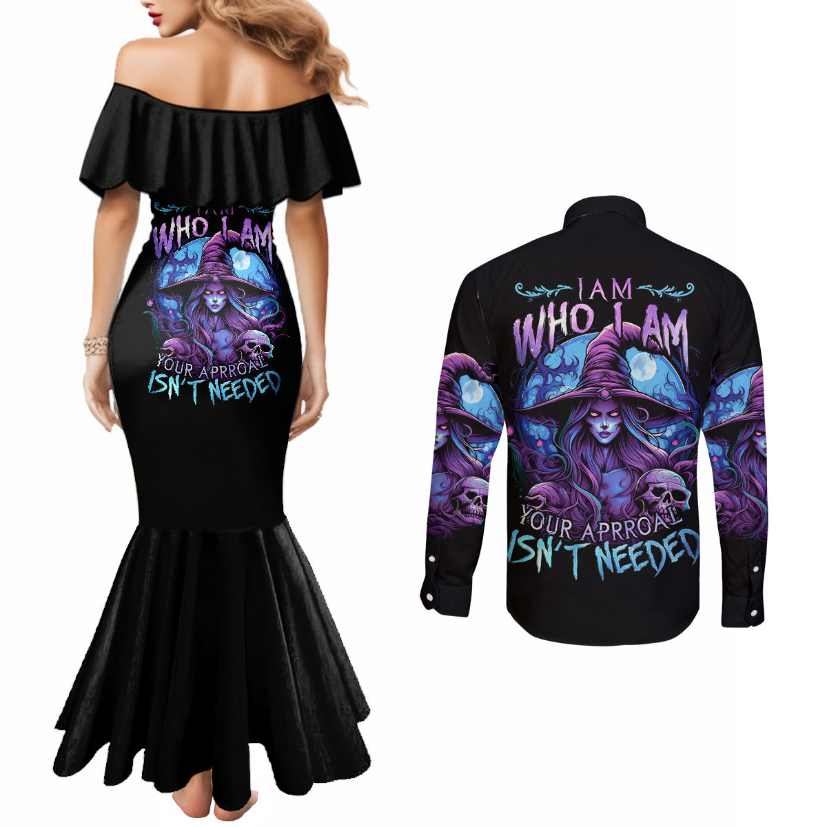 witch-skull-couples-matching-mermaid-dress-and-long-sleeve-button-shirts-iam-who-iam-your-approval-isnt-need