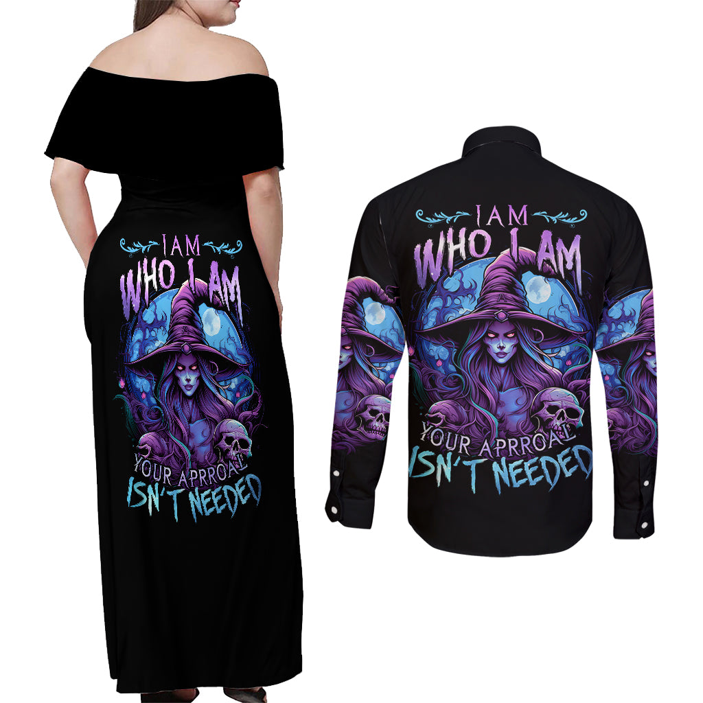 witch-skull-couples-matching-off-shoulder-maxi-dress-and-long-sleeve-button-shirts-iam-who-iam-your-approval-isnt-need