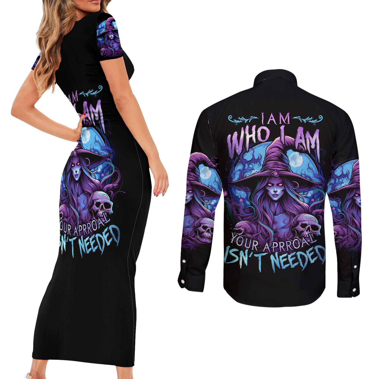 witch-skull-couples-matching-short-sleeve-bodycon-dress-and-long-sleeve-button-shirts-iam-who-iam-your-approval-isnt-need