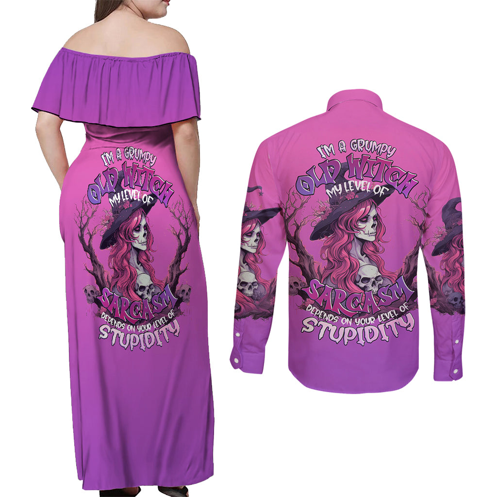 witch-skull-couples-matching-off-shoulder-maxi-dress-and-long-sleeve-button-shirts-im-a-grumpy-old-lady-sarcasm-depends-on-your-stupidity