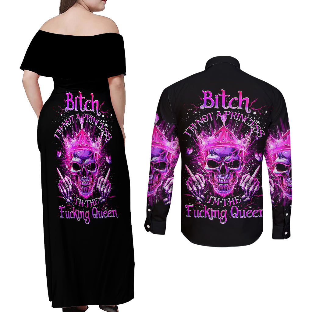 queen-skull-couples-matching-off-shoulder-maxi-dress-and-long-sleeve-button-shirts-bitch-im-not-a-princess-im-the-fucking-queen