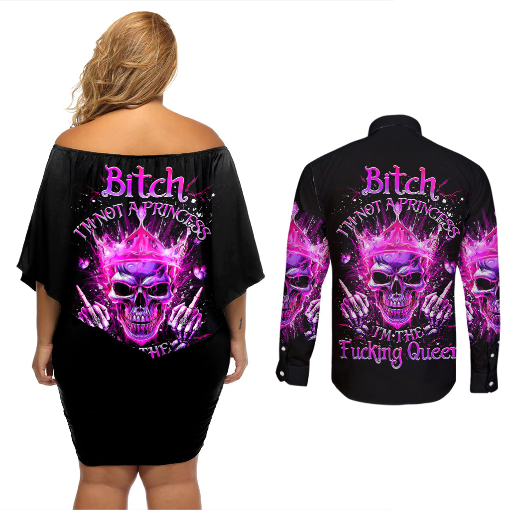 queen-skull-couples-matching-off-shoulder-short-dress-and-long-sleeve-button-shirts-bitch-im-not-a-princess-im-the-fucking-queen