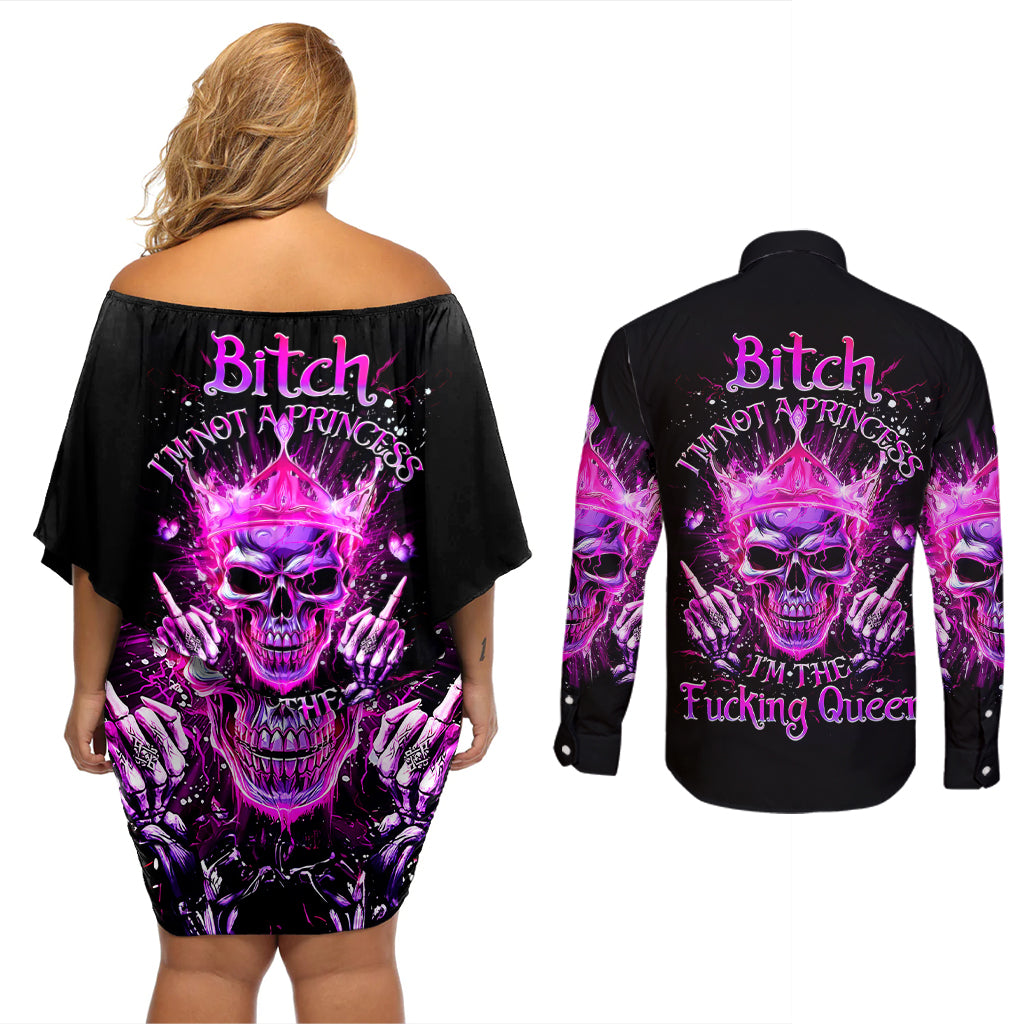 Queen Skull Couples Matching Off Shoulder Short Dress and Long Sleeve Button Shirt Bitch I'm Not A Princess I'm The Fucking Queen