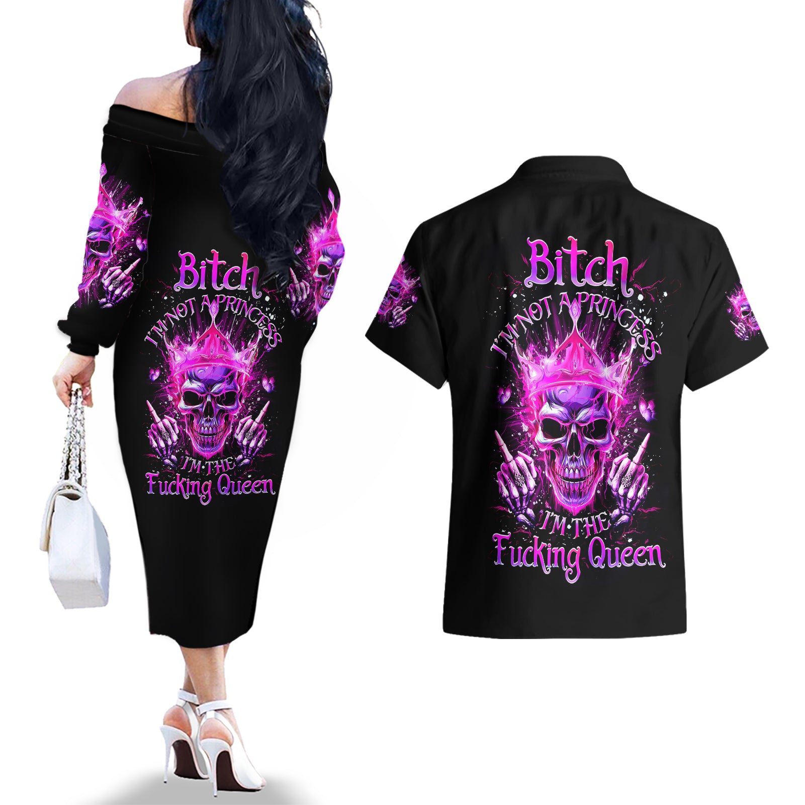 Queen Skull Couples Matching Off The Shoulder Long Sleeve Dress and Hawaiian Shirt Bitch I'm Not A Princess I'm The Fucking Queen