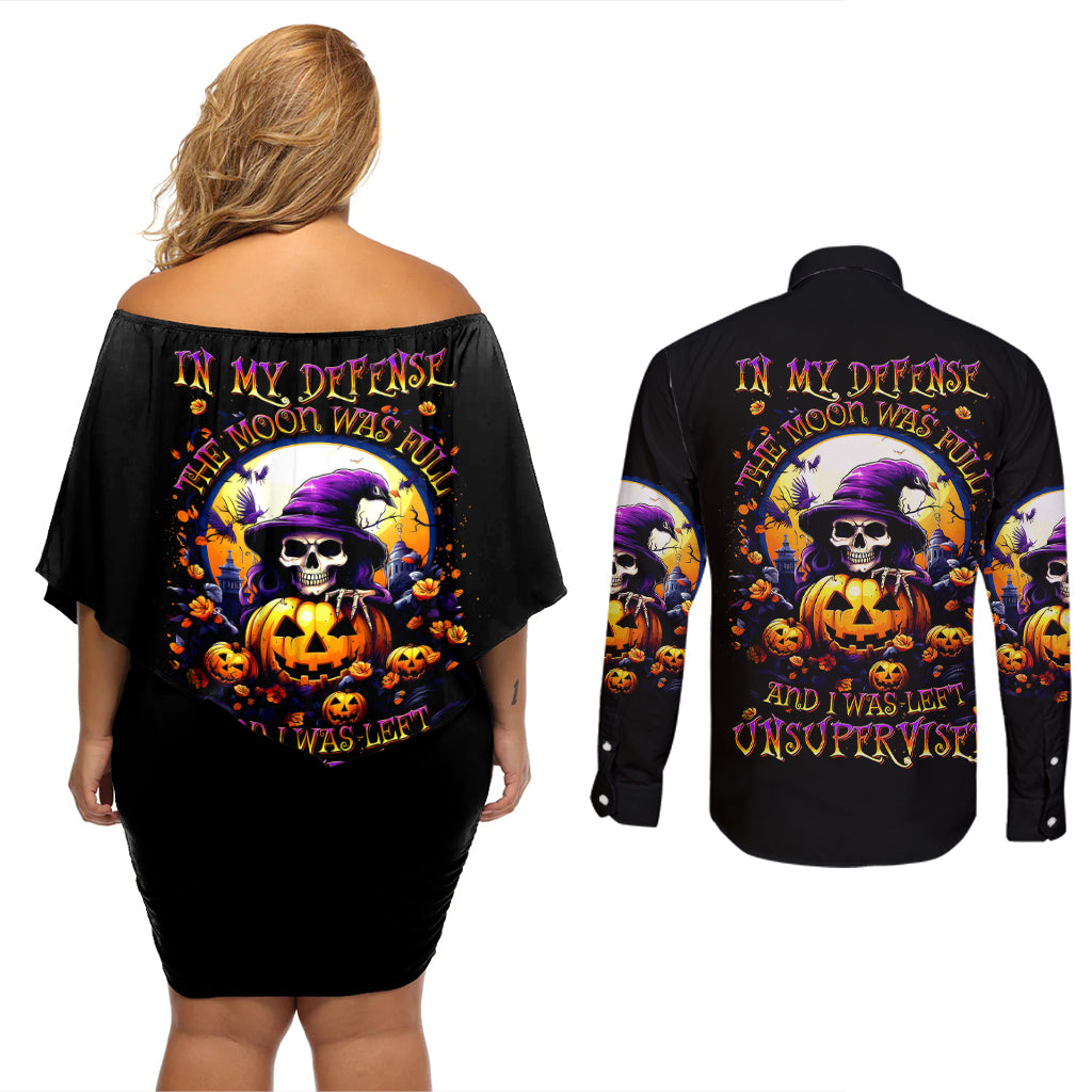 pumpkin-witch-skull-couples-matching-off-shoulder-short-dress-and-long-sleeve-button-shirts-in-my-defense-the-moon-was-full-and-i-was-left-unsupervided