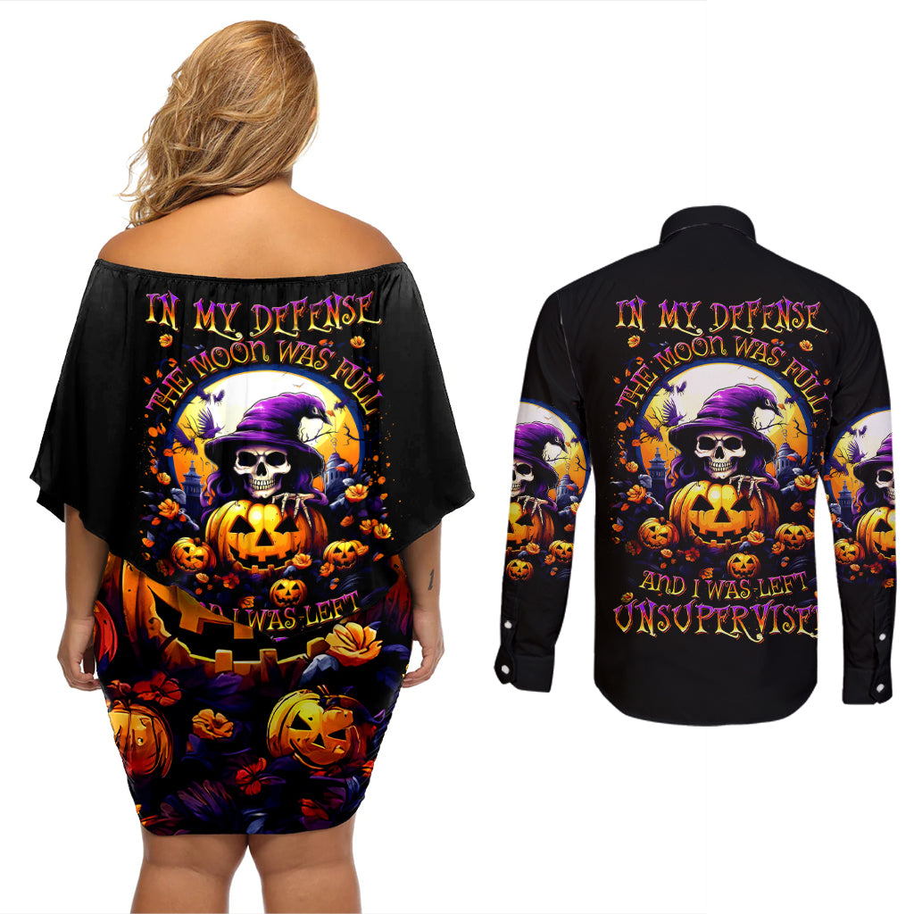 Pumpkin Witch Skull Couples Matching Off Shoulder Short Dress and Long Sleeve Button Shirt In My Defense The Moon Was Full And I Was Left Unsupervided